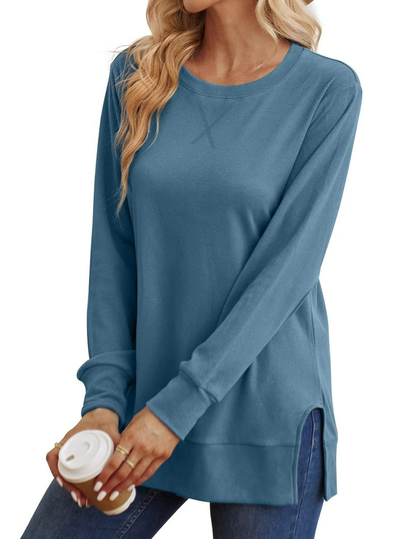 MOSHU Crewneck Sweatshirts for Women Side Split Long Sleeve