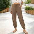 thumbnail image 7 of Women's Linen Pants with Pockets Side Lace Trim Trendy Beach Vacation Casual Trousers Elastic Bottom (L, Khaki), 7 of 7