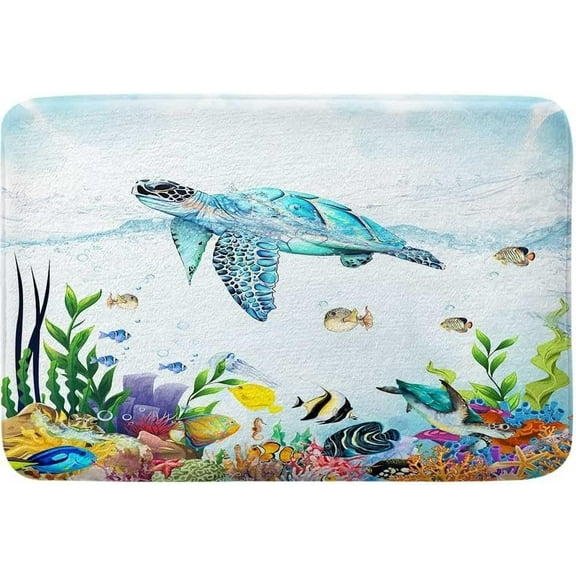 Turtle Bathroom Rugs, Blue Ocean Bath Rugs, Nautical Underwater Tropical Fish Bathroom Rugs Coral Ocean Under The Sea Animal Turtle Bath Mats for Bathroom Floor, Tub and Shower 16x24 Inch