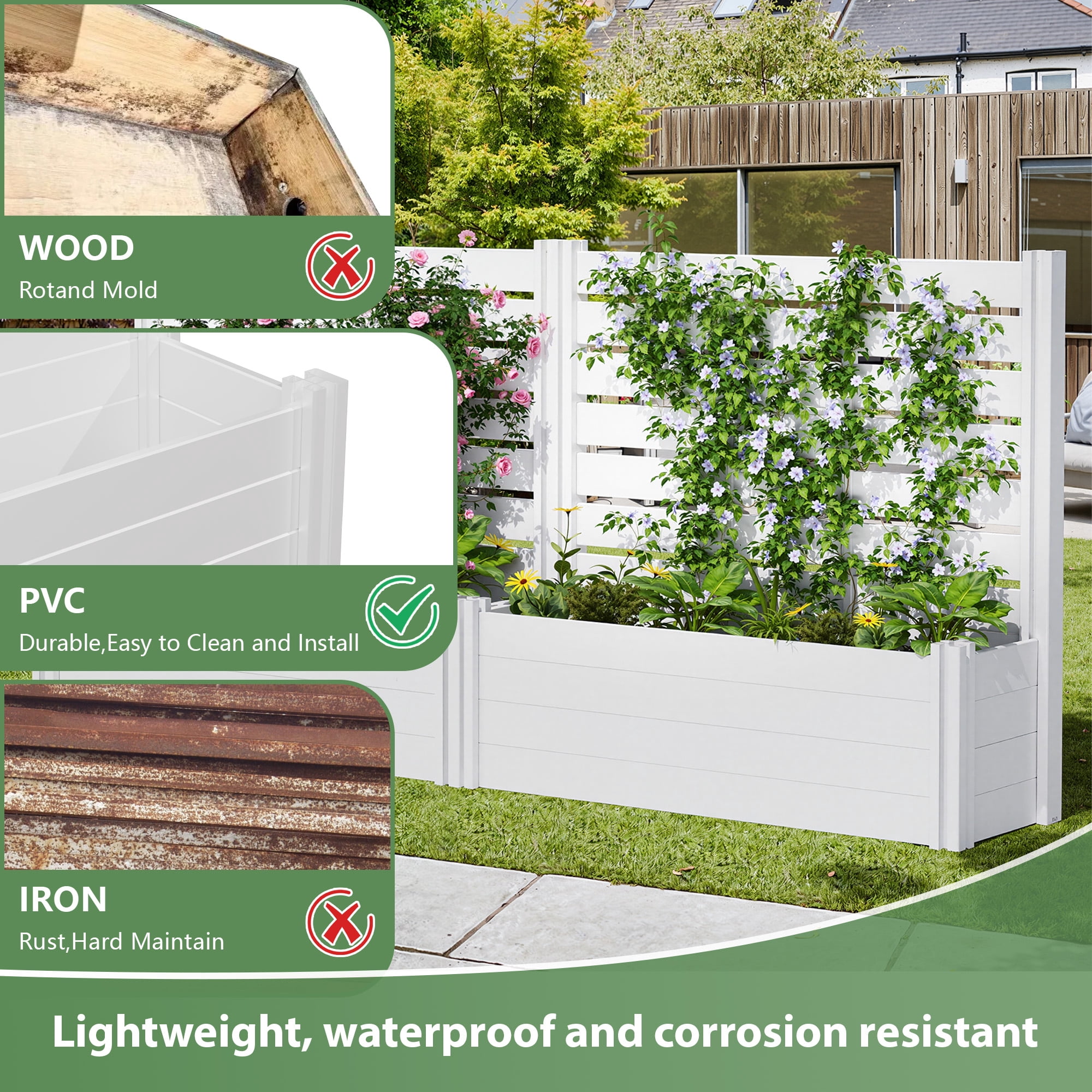 MAYEERTY Outdoor White PVC Rectangular Planter Box with Trellis for Climbing Plants, Raised Garden Bed