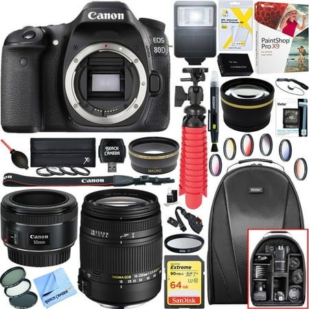 Canon EOS 80D 24.2 MP CMOS Digital SLR Camera (Body) + 18-250mm F3.5-6.3 DC OS HSM Macro + EF 50mm f/1.8 STM Prime Lens + 64GB Deluxe