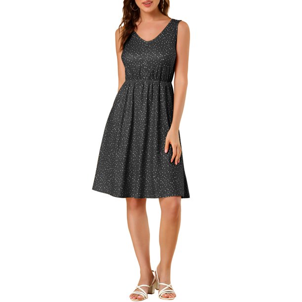 Vestido sin mangas de punto midi con lunares, escote en V, lazo y cintura ajustable para mujer, talla XS, color negro