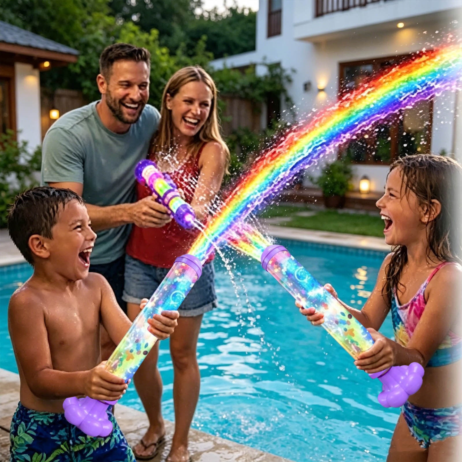 Glowing Rainbow LED Water Blaster | Summer Fun that Pops Like Magic, Fireworks Water Spray Gun with Lights, Pull Push Firework Water Blaster Toys for Outdoor Summer Water Games