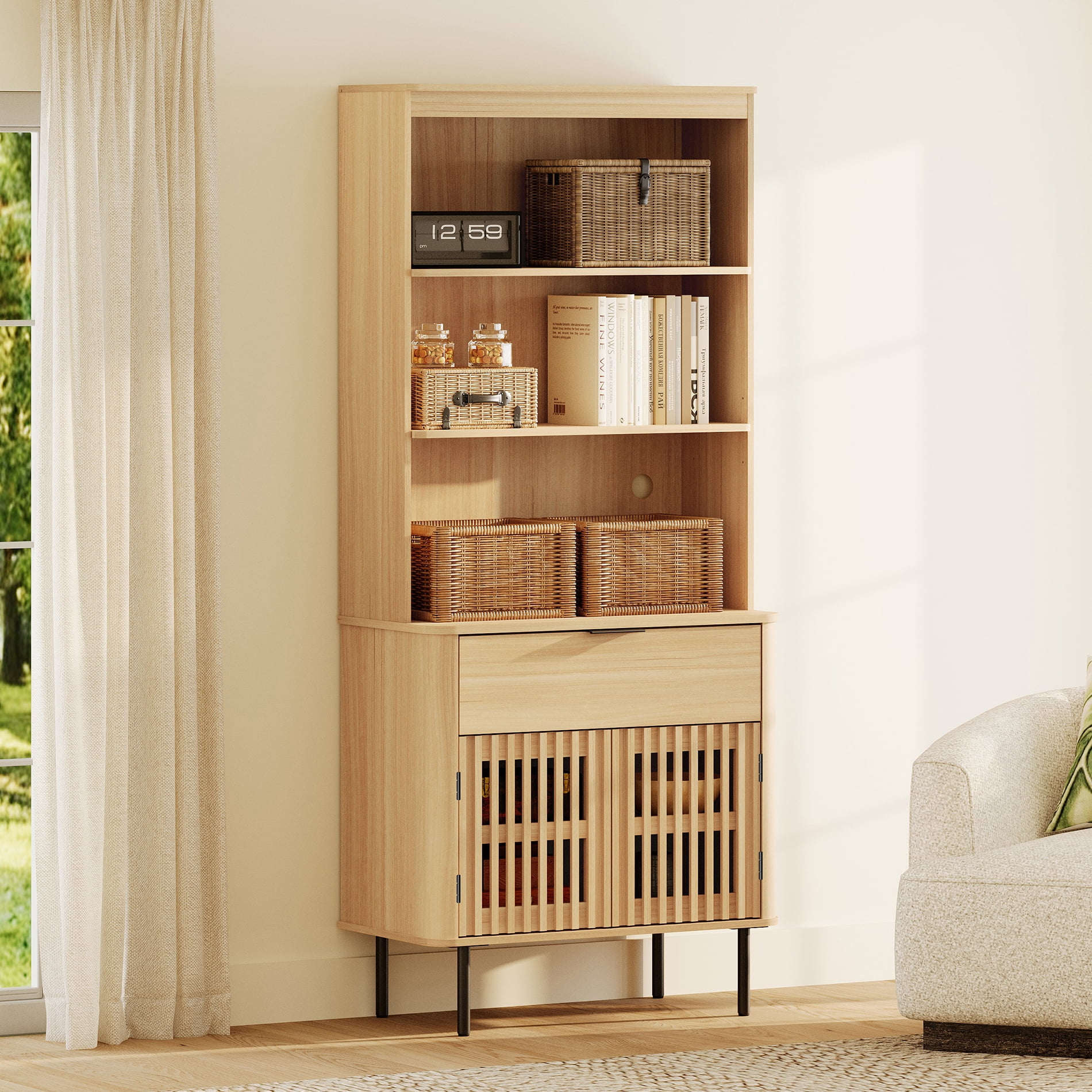 3-in-1 72.8" Fluted Pantry Cabinet with Doors & Drawer, Adjustable Shelf, Cable Mgmt, 5-Tier, Oak