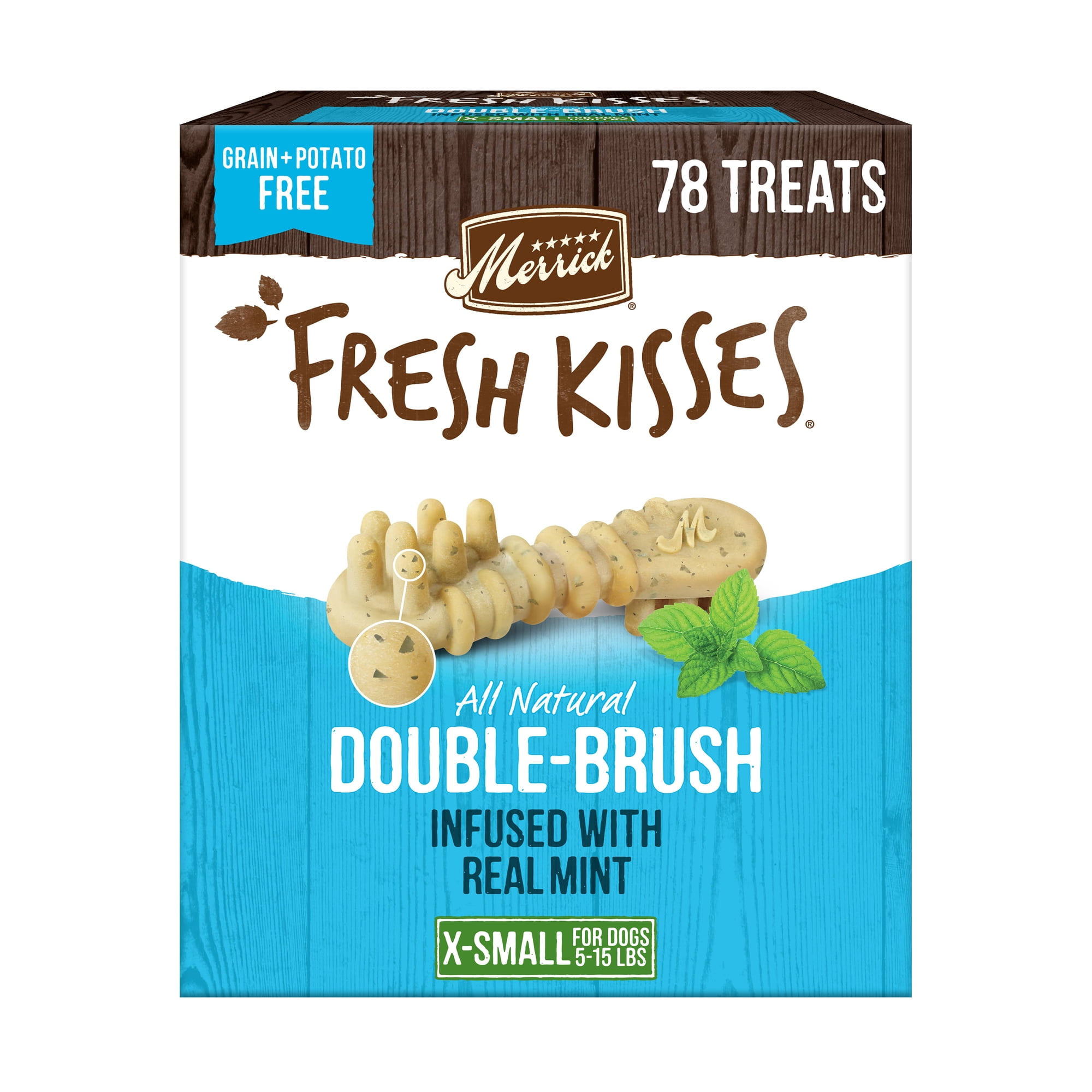 Merrick Fresh Kisses Natural Dental Chews Toothbrush Treat Shape Infused With Real Mint For Tiny Dogs 5-15 Lbs, 24.0 oz. Box