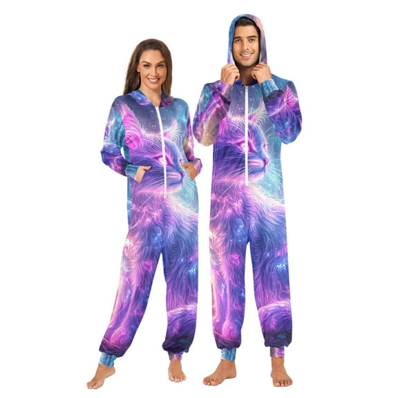 Cat Glowing Neon Hair Adult Onesie Pajamas Slim Fit Christmas One Piece Suit Pjs for Women and Men Hooded Zipper