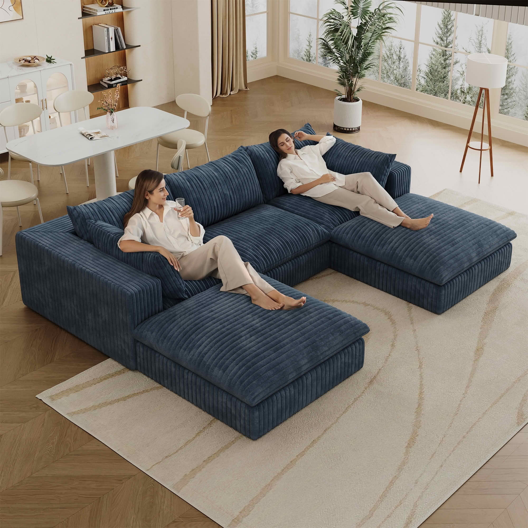 MAYEERTY 118.2" Cloud Corduroy Sofa, Deep Seat Double-Layer Design, Removable Cushion No Assembly, DIY Combination, Blue