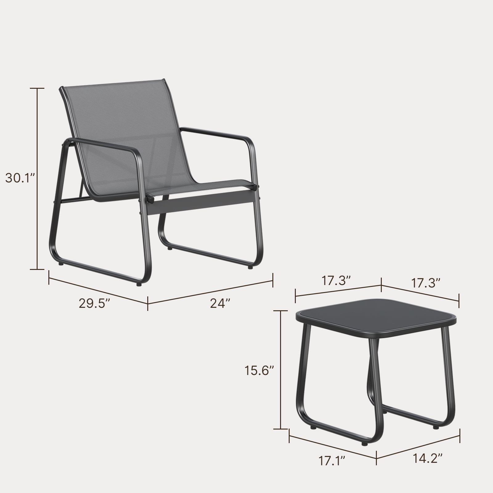 3 Pieces Patio Furniture Set with Metal Frame Glass Table, Bistro Table and Chairs Set for Lawn - Gray