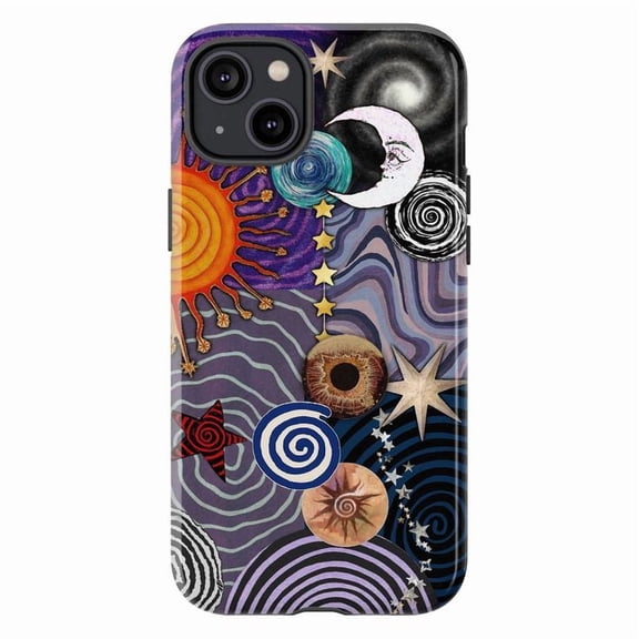 Abstract Cosmic Sun Moon Stars Phone Case, Psychedelic Spiral Galaxy Pattern Protective Cover for iPhone 16 15 14 13 12 11 Pro Max Plus Mini