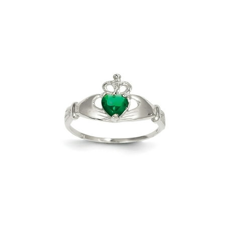 White Gold Irish Claddagh Ring - 14K White Gold Cubic Zirconia May Birth Month Claddagh Heart Ring