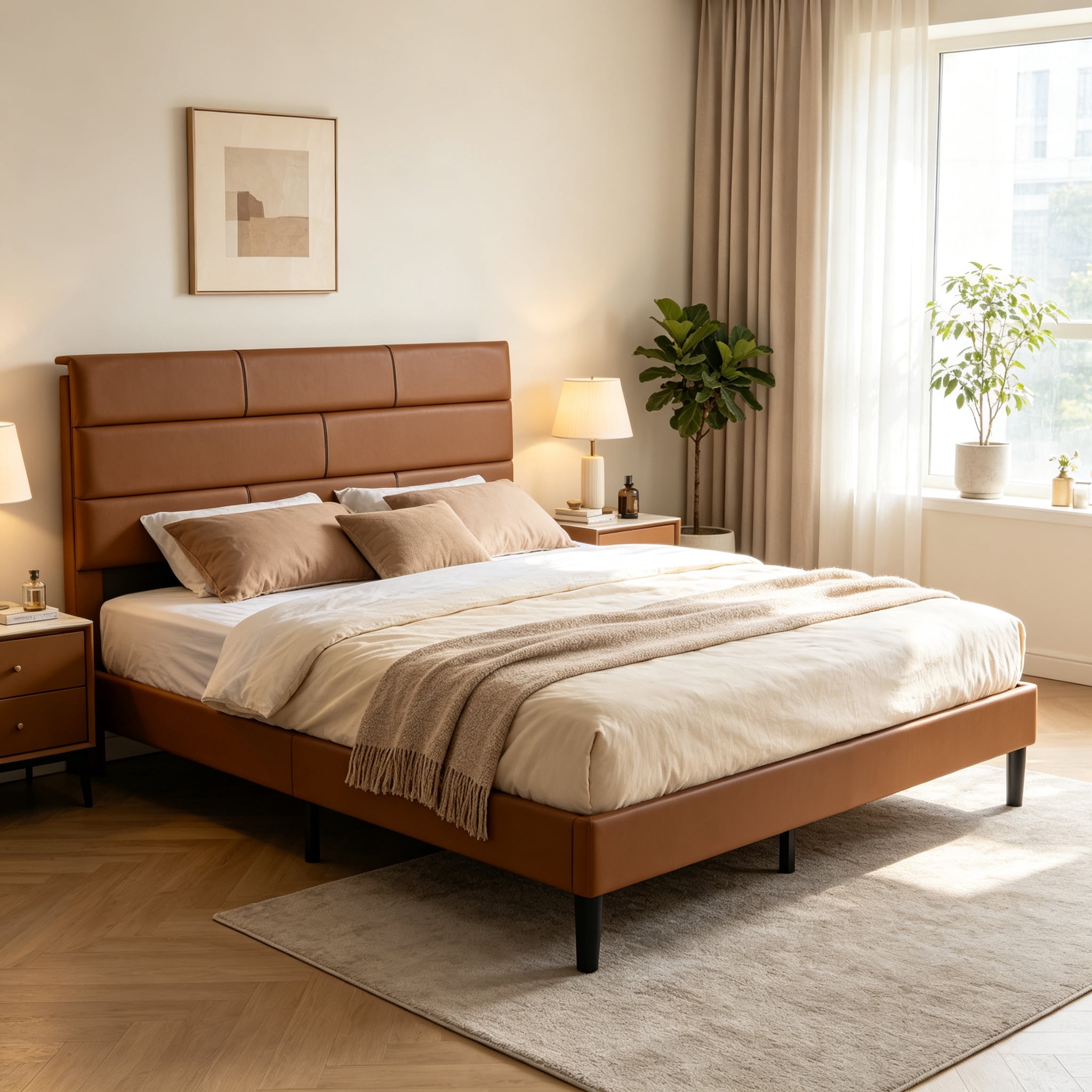 Gewnee Queen Size Bed Frame,Upholstered Platform Bed Frame with PU Headboard,Wood Platform Bed,No Box Spring.Brown