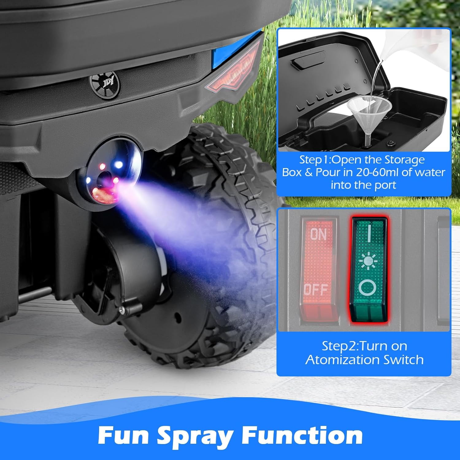 OLAKIDS Kids ATV with Spray Function, Remote Control, Storage Trunk, 6V Electric Toddler Ride on Toy