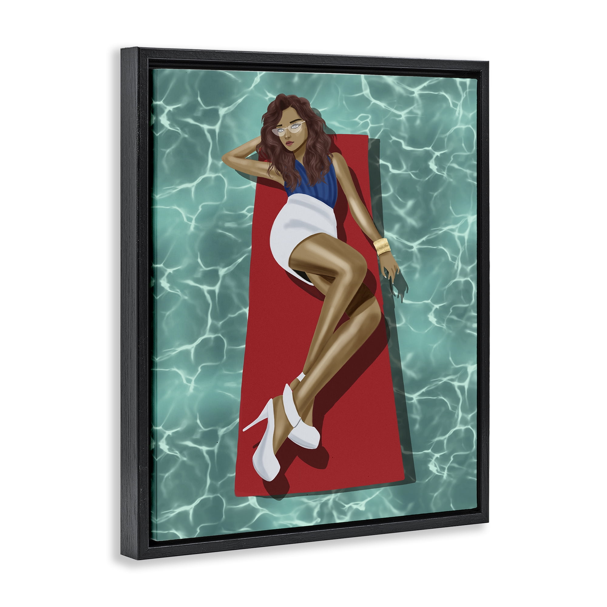 Stupell Industries Lounging on Pool Raft People Painting Black Floater Framed Canvas Art Print Wall Art, 17 x 21