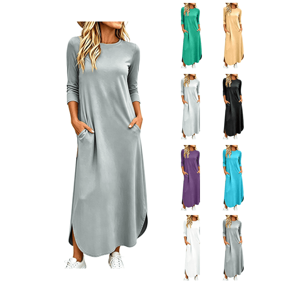Zynoxe Maxi Dresses for Women Classic Round Neck 3/4 Sleeve Dresses Casual Loose Solid Color Long Dress Soft Stretchy Daily Wear T-Shirt Dresses with Side Spilt & Pockets S