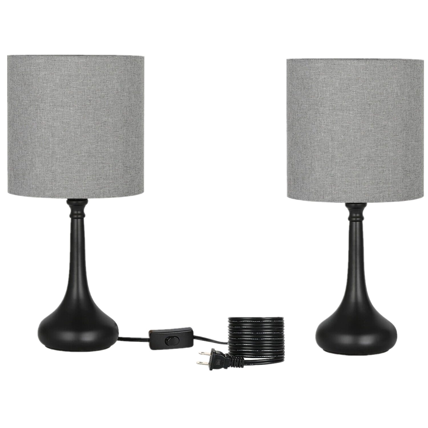 Set of 2 Modern Bedroom Nightstand Lamp with Black Base and Gray Fabric