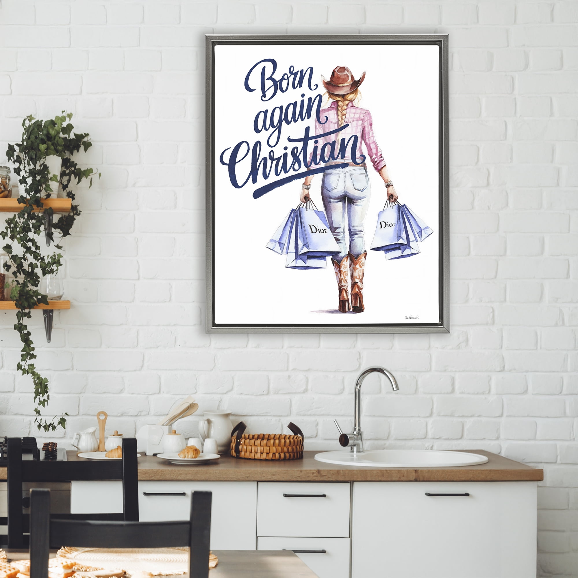 Born Again Christian Cowgirl Gray Framed Floater Canvas Wall Art, design by Amanda Greenwood