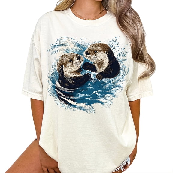 Vintage Otters Retro Wildlife Graphic Casual T-Shirt for Men and Women