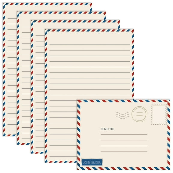 Vintage Airmail Mini Stationery Set, 100 Piece Set (50 Lined Sheets 50 Matching Envelopes), 5.5 x 8.25 inch, Design, Double Sided Printing, Double Side Lined Paper, by Better Office Products