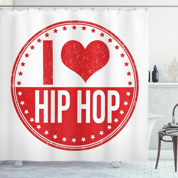 Hip Hop Shower Curtain, I Love Hip Hop Phrase on a Circular Grungy Background with Star Shapes, Fabric Bathroom Set with Hooks, 69W X 70L Inches, White and Vermilion, by Ambesonne