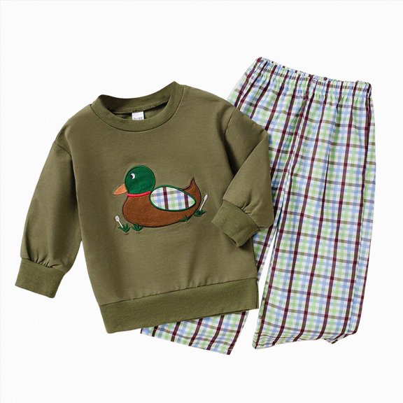 2025 Boys Long Sleeved Duck Embroidered Top Checkered Pants Babys Casual Two Piece Set