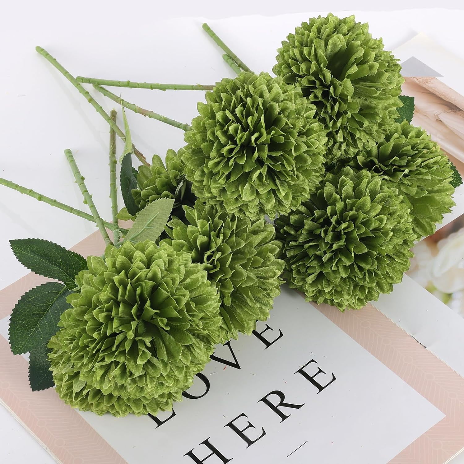 Artificial Chrysanthemums Flowers Ball Flowers, Fake Mums Flowers Green Silk Flowers for Home Decor Indoor Floral Arrangement St Patricks Day Table Centerpiece (, Green)