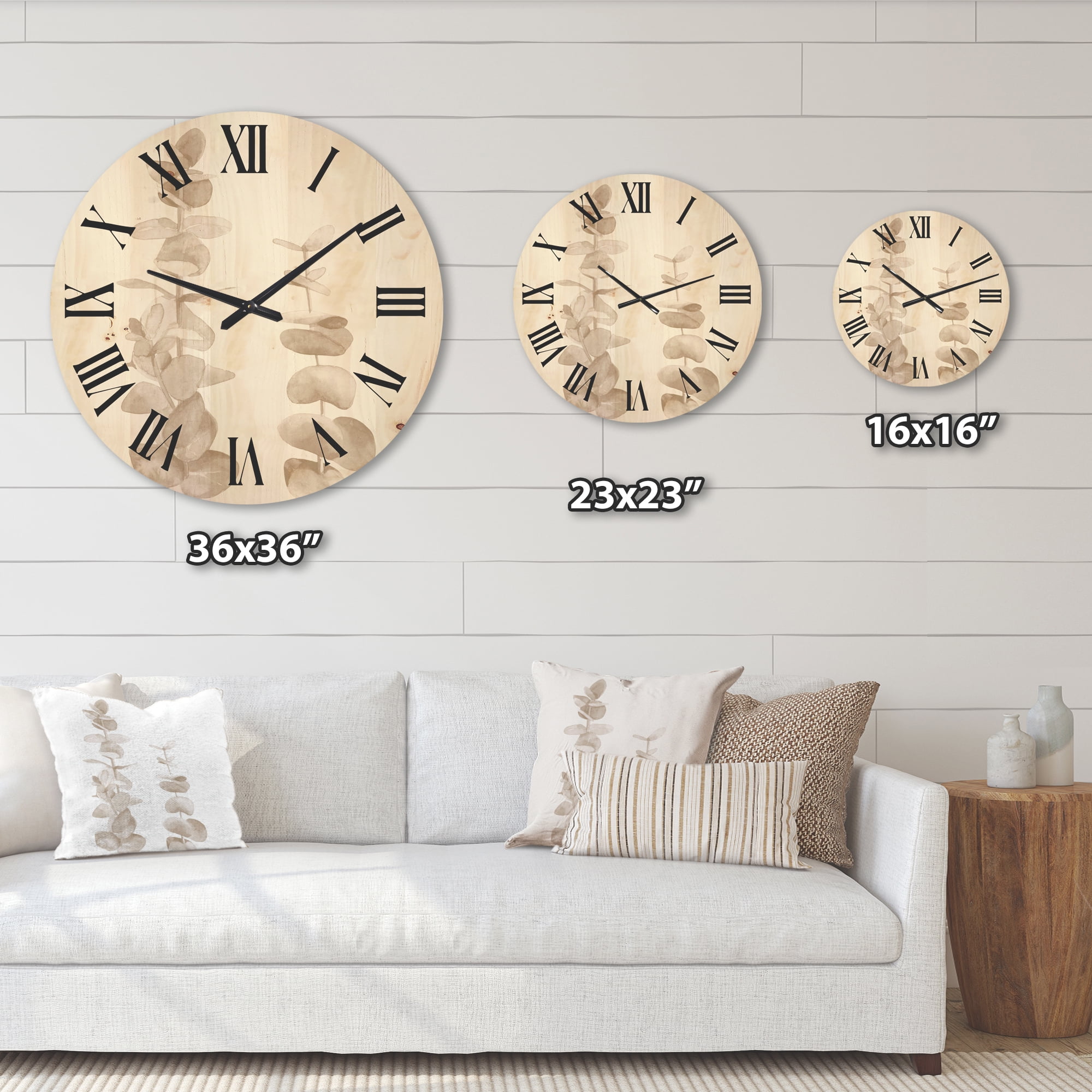 Designart 'Grey Eucalyptus Branches On White' Traditional Wood Wall Clock