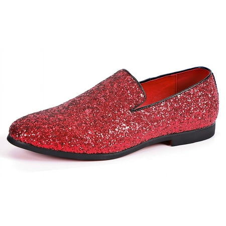 Santimon Men Dress Shoes Glitter Loafers Slip On Casual Wedding Party Formal Shoes Red 7.5 US
