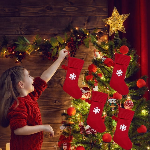 Medias navideñas para niños | Medias de punto con estampado de pata bordado | Bolsa de dulces y regalos para chimenea o árbol | Decoración navideña de poliéster de 27 x 42 cm