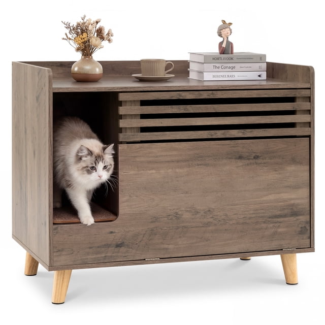 Gymax Meuble Cache-Litière pour Chat, Meuble de Litière Cachée avec Porte à Ouverture Rabattable