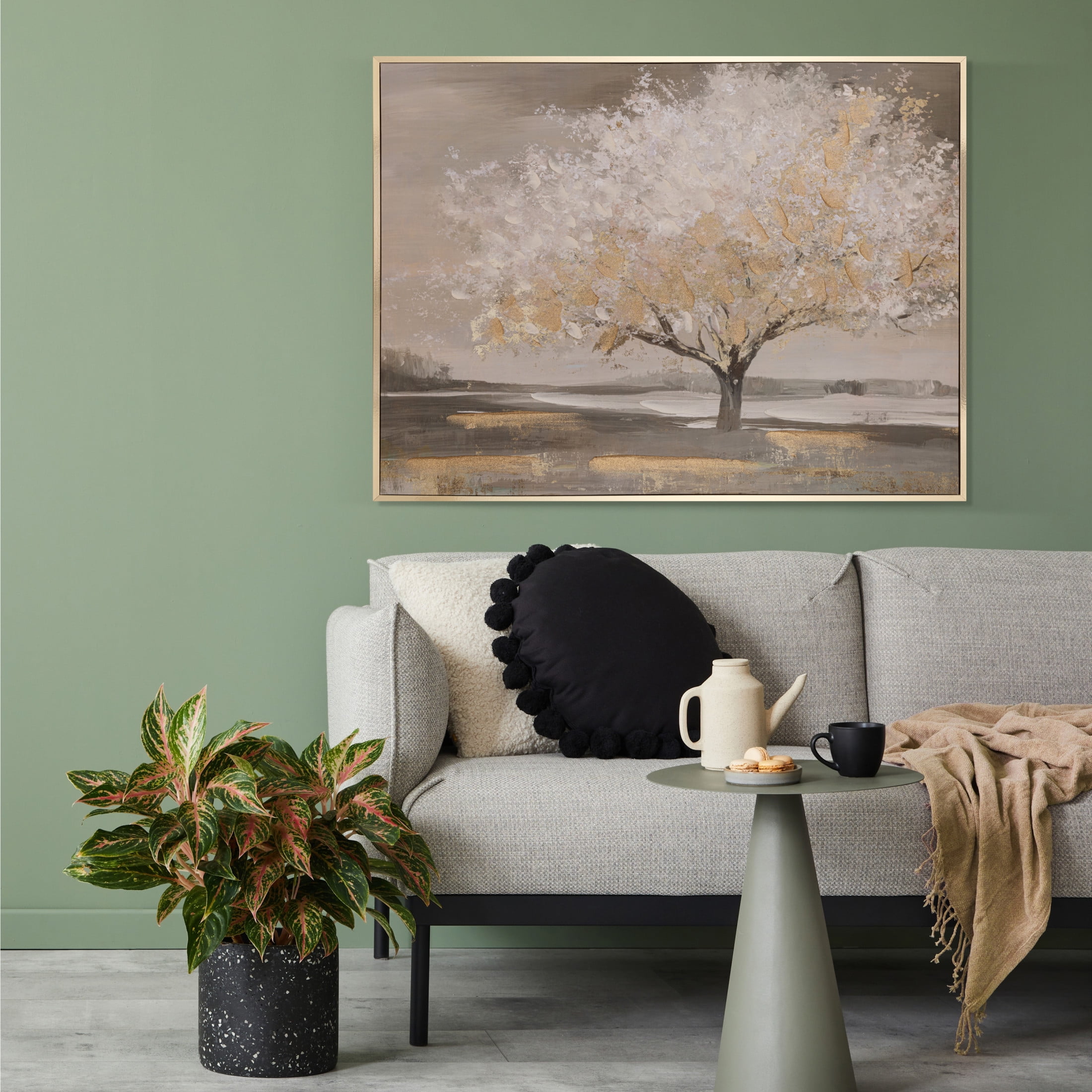 Gallery Solutions 48x36 Framed Tree Canvas Art - White Tree with Gold Glitter and Hand-Painted Embellishments, for Living Room, Bedroom, or Office Decor