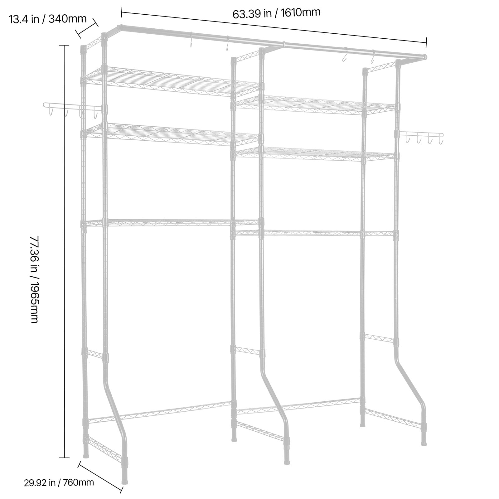 KFFKFF Over Washer and Dryer Storage Rack, 63" Laundry Clothes Drying Rack with Adjustable Shelves, Hanging Rod and Hooks, Ideal for Laundry Room Organizing, White