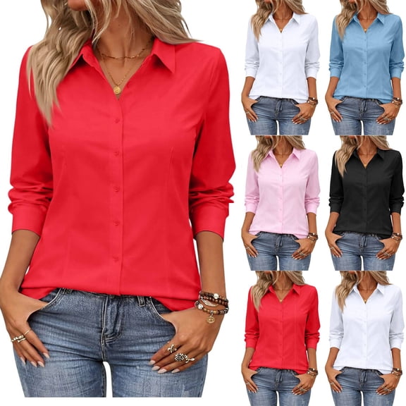 Cotton Button Down Shirts for Women Dress Shirt Long Sleeve Collared Button Up Business Shirt Work Office Blouse Red 4XL