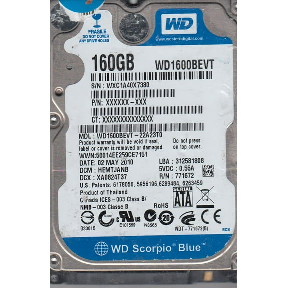 WD1600BEVT-22A23T0, DCM HEMTJANB, Western Digital 160GB SATA 2.5 Hard Drive