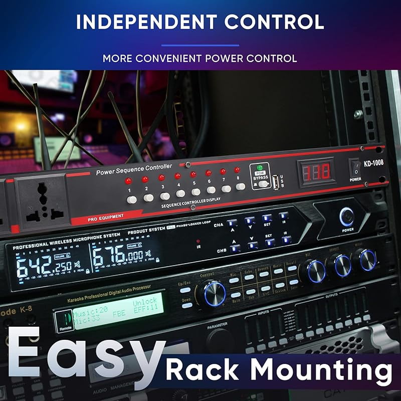 FULODE 2000W 10 Socket Sequential Rack Professional Audio Power Conditioning ，Digital Voltmeter, USB, Surge Protector for Home Theater Stage/Studio (FL-1000).