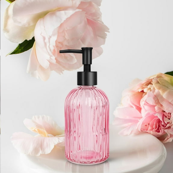1pc 13.5 oz Glass Soap Dispenser, Manual Press Hand Soap Dispenser Bottle, Skin & Body Wash Storage Bottle, Reusable, Pink