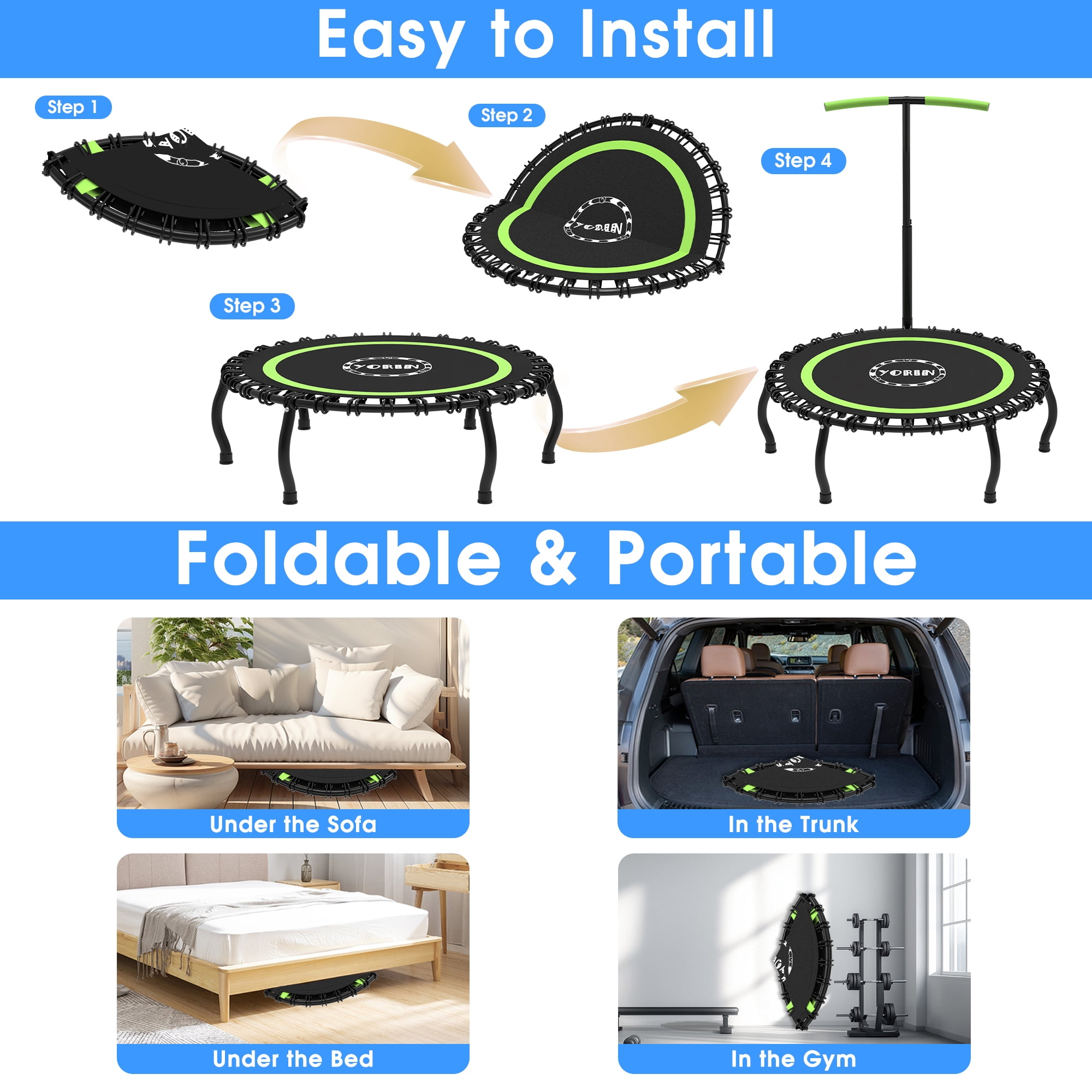 YORIN Rebounder Foldable Trampoline for Adults, 330LBS Fitness Indoor Trampoline, 40" 48" 50" Mini Exercise Trampoline with Bungees, 3 Level Adjustable Foam Handle Bar, Stable Quiet Small Trampoline