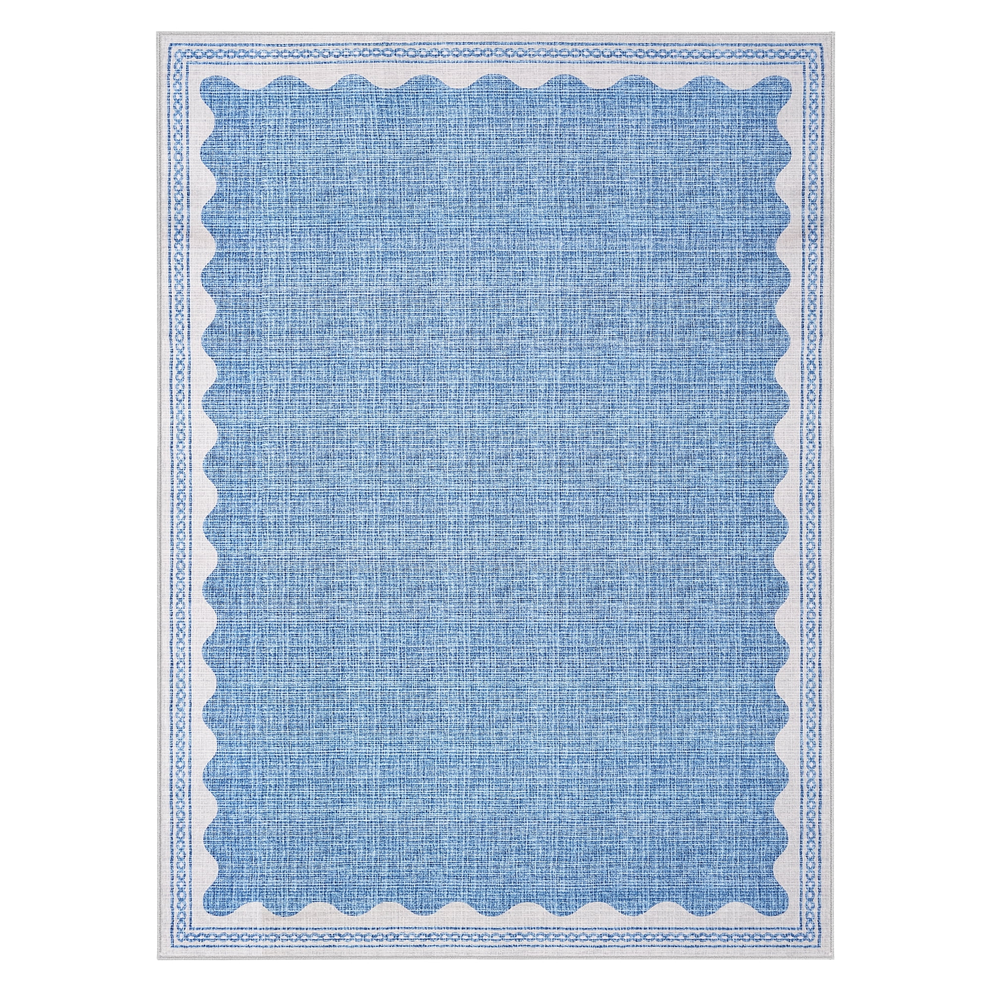 GlowSol 8'x10' Area Rug Washable Modern Scalloped Bordered Pattern Rugs for Living Room Bedroom Soft Non-Slip Low Pile Rug, Blue