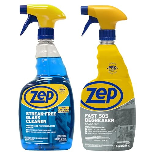 Zep Streak-Free Glass Cleaner 32 oz and Zep Fast 505 Cleaner & Degreaser 32 oz Glass and Degreaser Cleaning Bundle for Windows and Heavy-Duty Grime