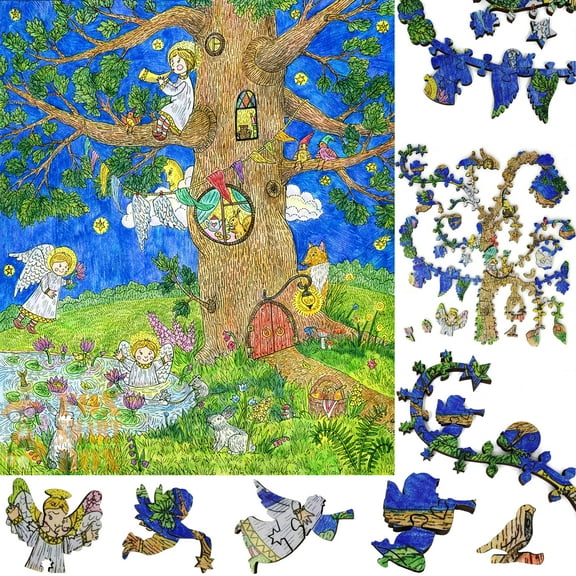 Wooden Jigsaw Puzzles for Adults with Uniquely Shaped Pieces - made in USA by FoxSmartBox - 400 Pieces - Tree of Angels
