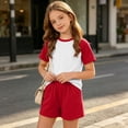 thumbnail image 5 of Girls Summer 2 Piece Outfits Short Sleeve T Shirts Top and Shorts Set Kids Clothing Sets with Pockets Teen Soft Comfy Athletic Casual Sets Sportswear Red 5-6 Years, 5 of 7