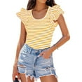 thumbnail image 2 of UYISJ Women's Ruffle Short Sleeve Striped T Shirts 2024 Summer Scoop Neck Slim Fitted Causal Basic Summer Tee Tops Yellow XXL, 2 of 9