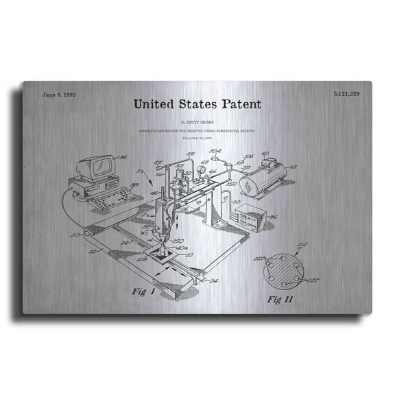 Luxe Metal Art '3D Printer Blueprint Patent White' Metal Wall Art, 36"x24"