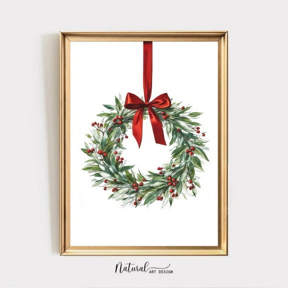 Christmas Wreath Print: Farmhouse Holiday Wall Art- Wall Art Print, 8x12 UNFRAMED