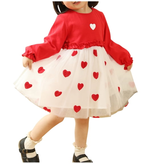 Girls Long Sleeve Dress Heart Graphic Crewneck Princess Dresses for Birthday Party Kids Clothes Girls Size 1-8