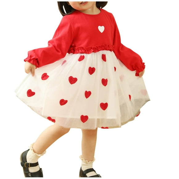 EGNMCR Girls' Long Sleeved Printed Mesh Dress Knee Length Birthday Dress Bishop Sleeve Children polyester Dress