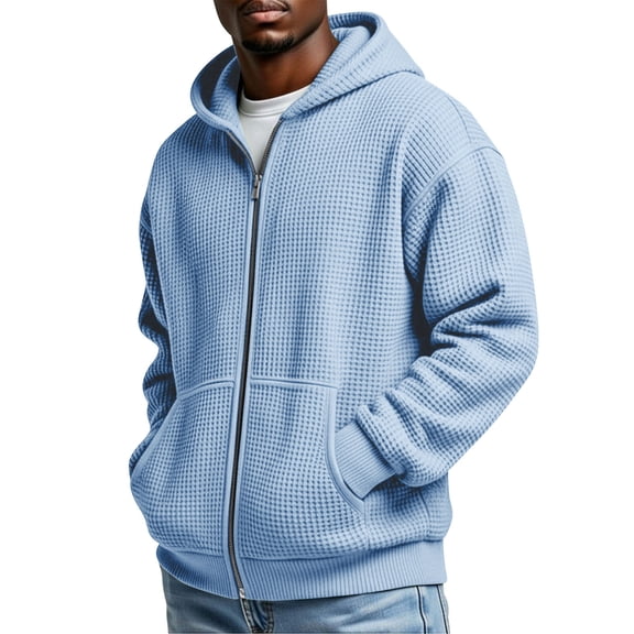 FAVIPT Mens Plain Waffle Knit Jacket Full Zip Casual Hooded Sweatshirt Long Sleeve Winter Coats Blue,S