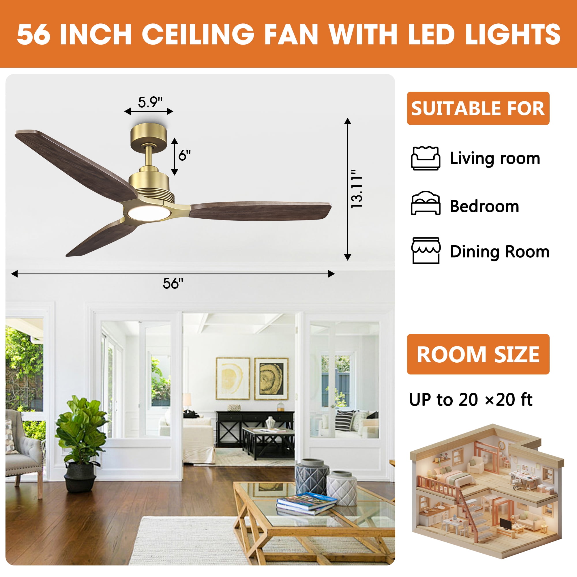 Parrot Uncle Modern 56" Brass Solid Wood Propeller LED Ceiling Fan with Remote Control, DC Motor, Living Room Ceiling Fan