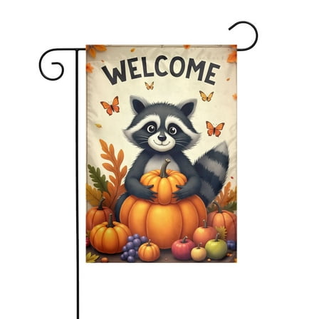 Welcome Fall Garden Flag with Cute Raccoon Pumpkin Design Double Sided Polyester Decorative Yard Banner for Autumn Thanksgiving Halloween Outdoor Decor 12x18 Inch