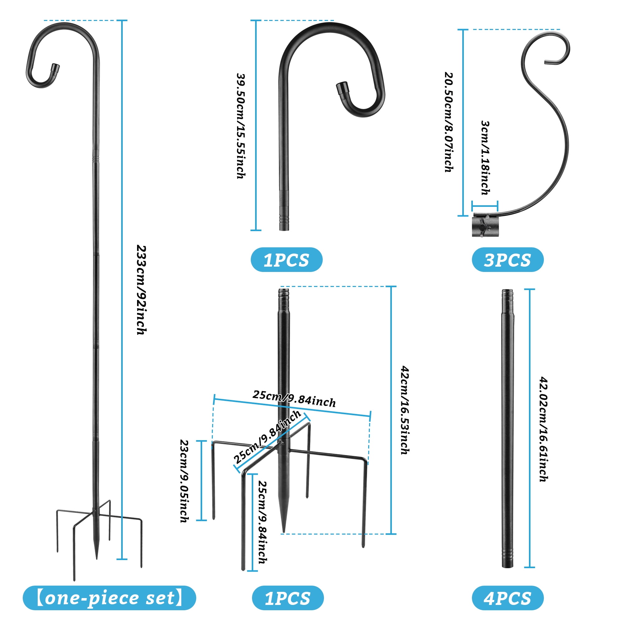 92 Inch Shepherds Hooks for Outdoor with 4 Hooks, Heavy Duty Bird Feeder Pole with 5 Base Prongs, Adjustable Garden Hanging Holder for Bird Feeders, Lanterns, Valentine's Gift Weddings Decor
