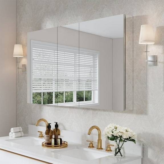 ANGELES HOME 52" x 30" Medicine Cabinet with Mirror Door & 6 Adjustable Glass Shelves, Rectangular Bathroom Mirror Cabinet with Aluminum Body, Recessed or Surface Mount Mirror Medicine Cabinet